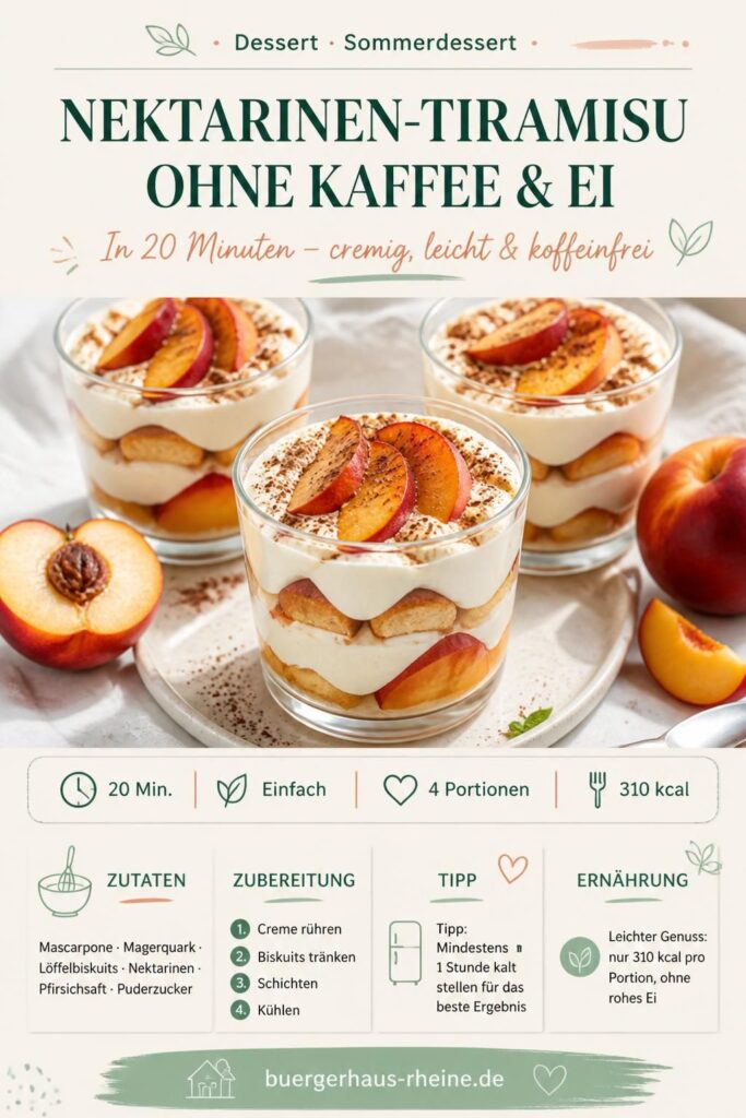 Nektarinen-Tiramisu ohne Kaffee und Ei in Portionsgläsern mit frischen Nektarinen