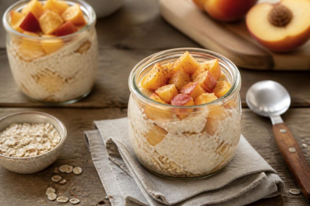 Overnight Oats mit Pfirsich im Glas, garniert mit frischen Pfirsichscheiben und Chiasamen, von oben fotografiert auf hellem Holzuntergrund