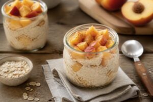 Overnight Oats mit Pfirsich im Glas, garniert mit frischen Pfirsichscheiben und Chiasamen, von oben fotografiert auf hellem Holzuntergrund