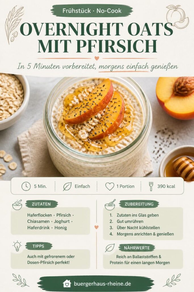Overnight Oats mit Pfirsich im Glas, von oben, mit frischen Pfirsichscheiben und Chiasamen