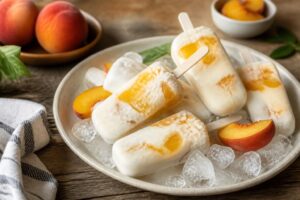 Pfirsich-Joghurt-Eis am Stiel ohne Zucker auf einem Tablett mit frischen Pfirsichscheiben und Minzblättern