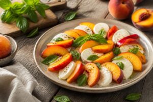 Pfirsich-Mozzarella-Salat mit frischem Basilikum, weißem Balsamico-Dressing und Büffelmozzarella auf einem hellen Teller, von oben fotografiert