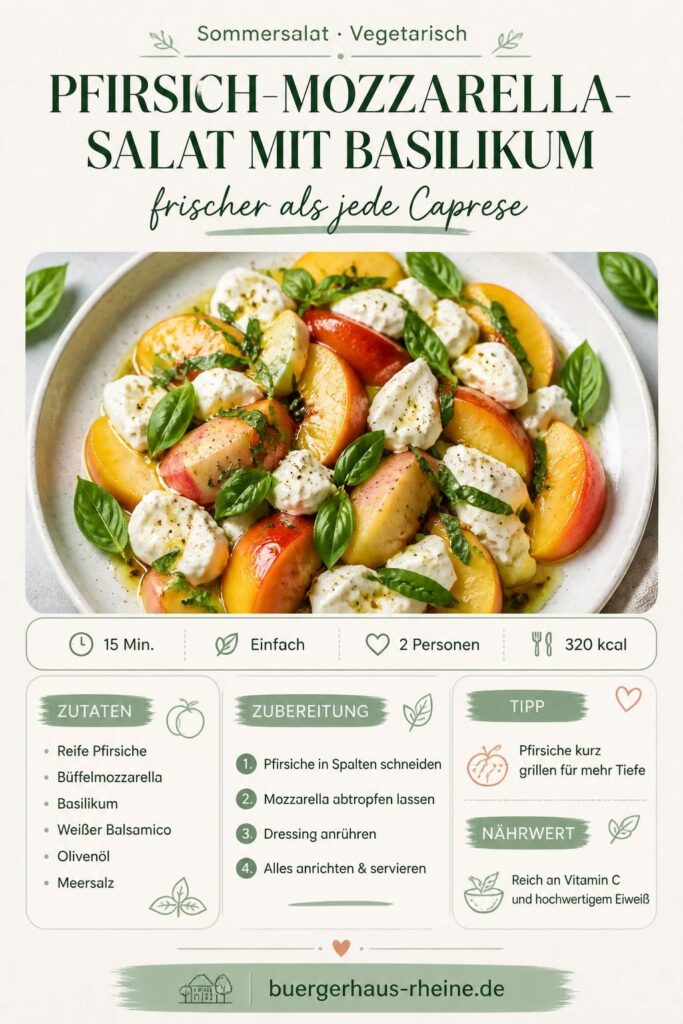Pfirsich-Mozzarella-Salat mit Basilikum und weißem Balsamico-Dressing auf einer hellen Servierplatte