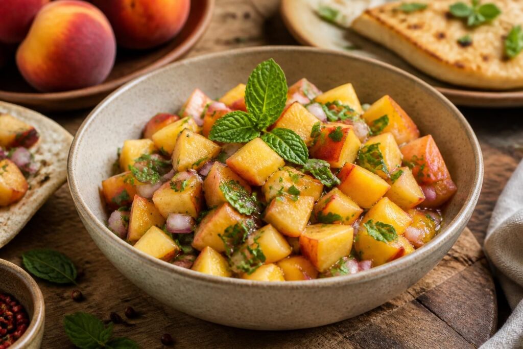 Pfirsich-Salsa mit frischer Minze in einer Schüssel, daneben Halloumi vom Grill und Brot – sommerliches Rezept in 10 Minuten