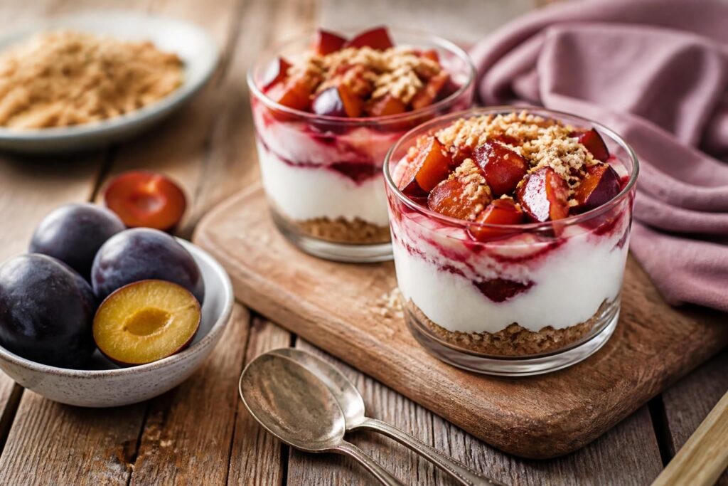 Pflaumen-Joghurt-Schichtdessert im Glas, cremige Joghurtcreme und Pflaumenkompott, garniert mit frischer Minze