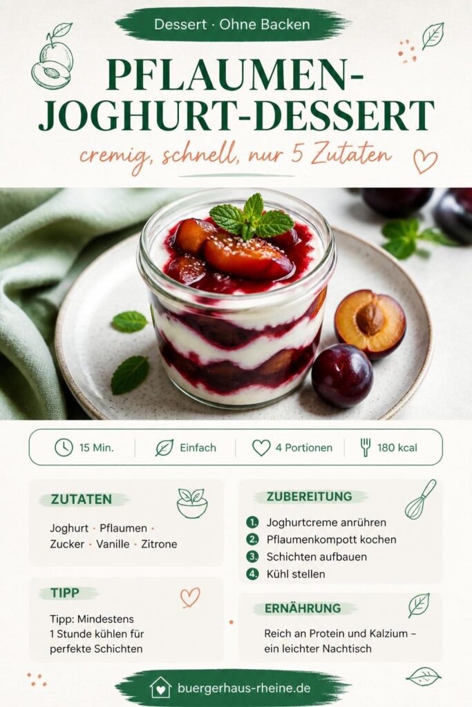 Pflaumen-Joghurt-Schichtdessert im Glas, cremige Joghurtcreme und Pflaumenkompott ohne Backen