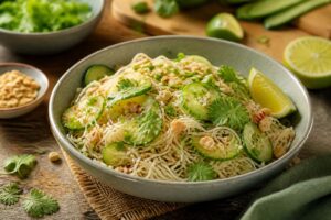 Reisnudelsalat mit Gurke und Limette in einer Schüssel, garniert mit Frühlingszwiebeln, Koriander und geröstetem Sesam