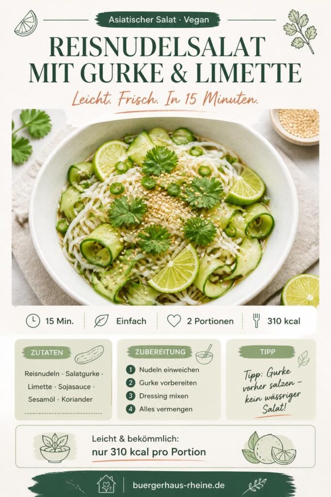 Reisnudelsalat mit Gurke und Limette auf einem weißen Teller, garniert mit Koriander und geröstetem Sesam