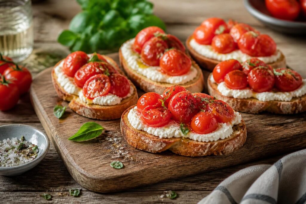 Tomaten-Ricotta-Crostini auf einem Holzbrett angerichtet, mit geschmorten Kirschtomaten, frischem Basilikum und einem Hauch Honig, knusprig goldbraun geröstetes Brot