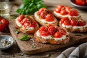 Tomaten-Ricotta-Crostini auf einem Holzbrett angerichtet, mit geschmorten Kirschtomaten, frischem Basilikum und einem Hauch Honig, knusprig goldbraun geröstetes Brot