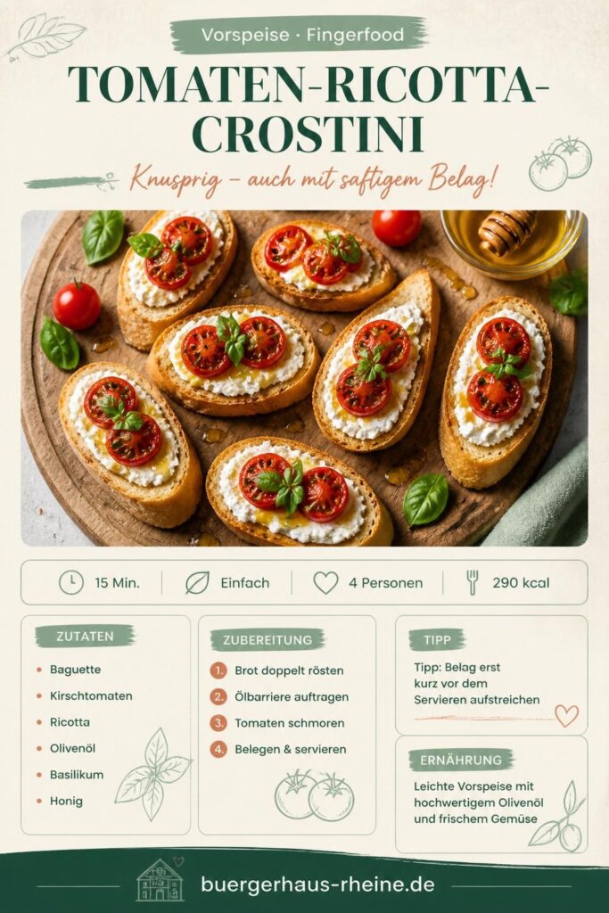 Tomaten-Ricotta-Crostini knusprig – Pinterest-Rezeptkarte mit Zutaten und Schritten