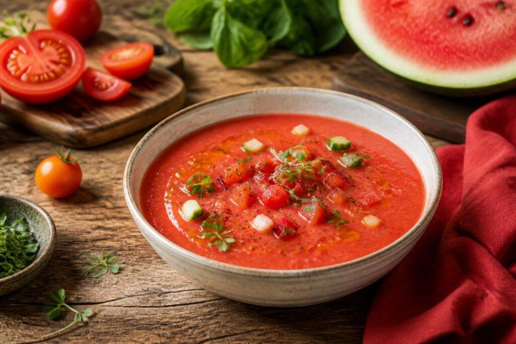 Tomaten-Wassermelonen-Gazpacho in einem gekühlten Glas mit Feta-Crumbles, frischer Minze und einem Spritzer Olivenöl, von oben fotografiert auf hellem Holzuntergrund