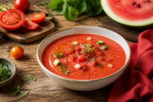 Tomaten-Wassermelonen-Gazpacho in einem gekühlten Glas mit Feta-Crumbles, frischer Minze und einem Spritzer Olivenöl, von oben fotografiert auf hellem Holzuntergrund