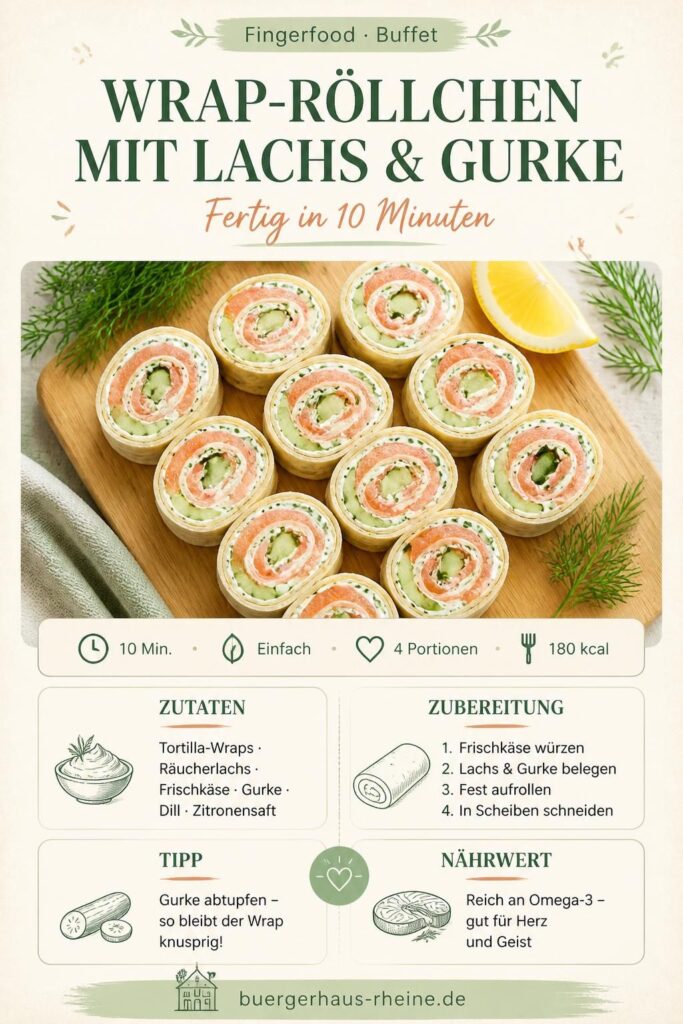 Wrap-Röllchen mit Räucherlachs und Gurke auf einem Holzbrett – schnelles Fingerfood fürs Buffet
