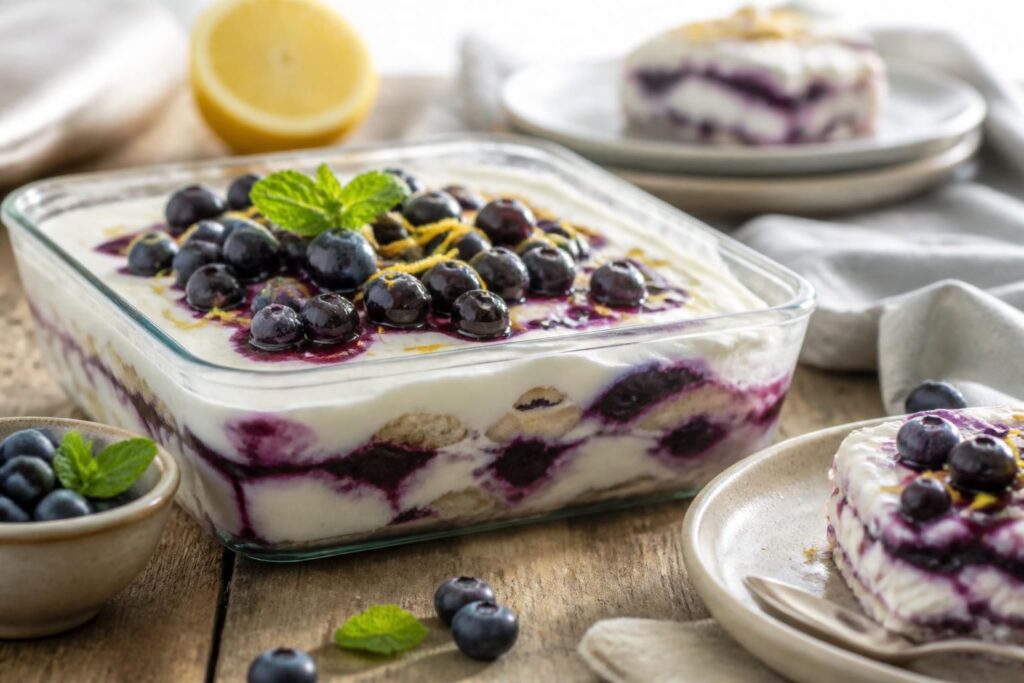 Zitronen-Blaubeer-Dessert ohne Backen im Glas – cremige Zitronenquarkcreme mit frischen Heidelbeeren und Keksboden, angerichtet auf einem hellen Holztisch