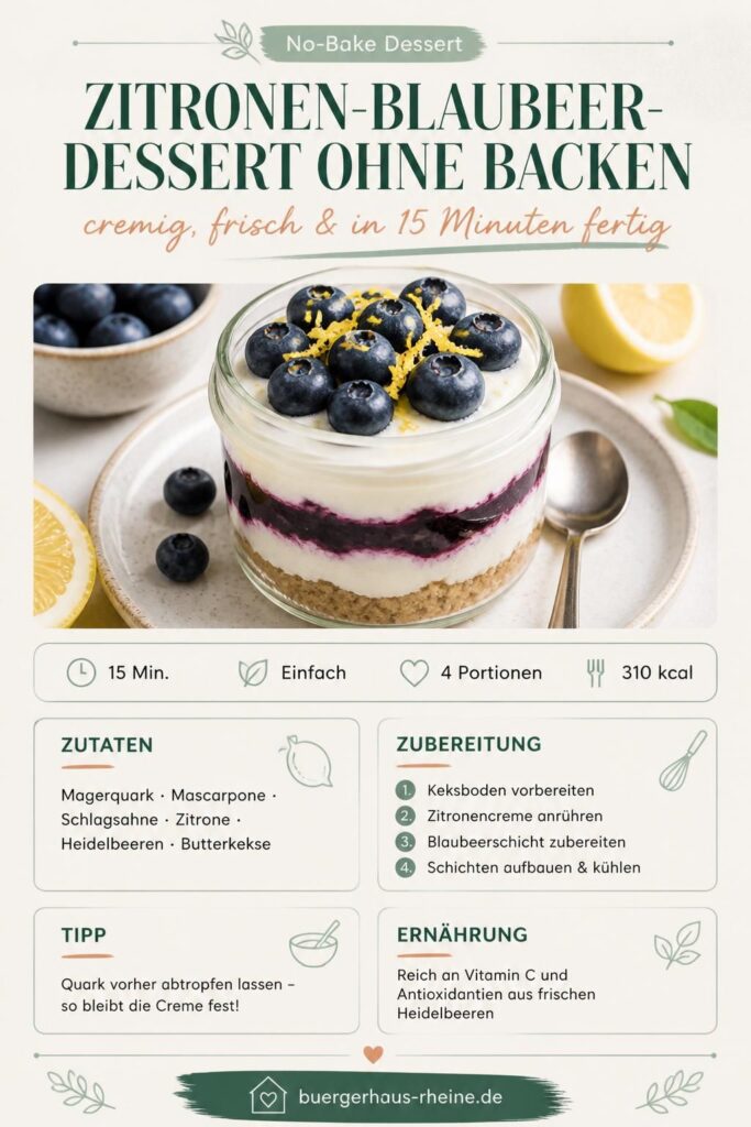 Zitronen-Blaubeer-Dessert ohne Backen im Glas – cremige Schichten mit frischen Heidelbeeren und Zitronenabrieb