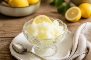 Sizilianische Zitronen-Granita in einem Glasbecher, körnige Eiskristalle mit frischer Zitronenscheibe garniert, auf einem hellbeigen Leinentuch