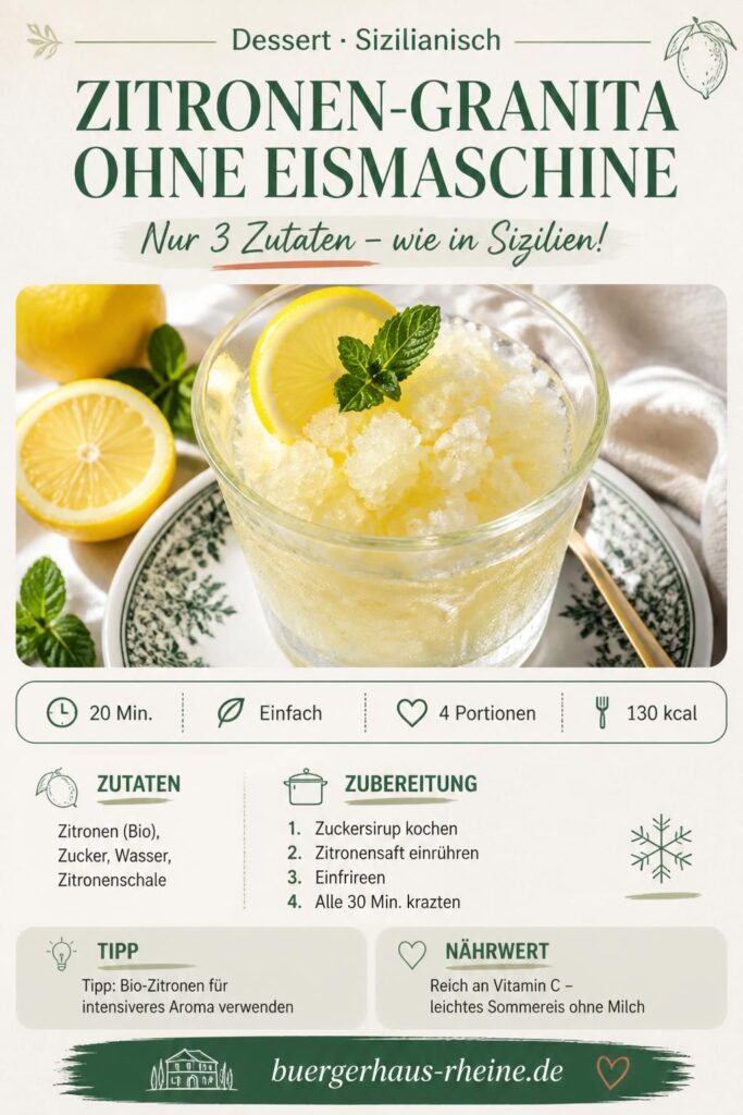Sizilianische Zitronen-Granita ohne Eismaschine im Glasbecher mit Zitronenscheibe