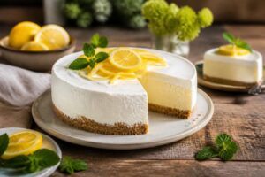 Angeschnittene Zitronen-Joghurt-Torte ohne Backen auf einem hellen Holzbrett, mit frischen Zitronenscheiben dekoriert, cremige weiße Füllung auf knusprigem Keksboden