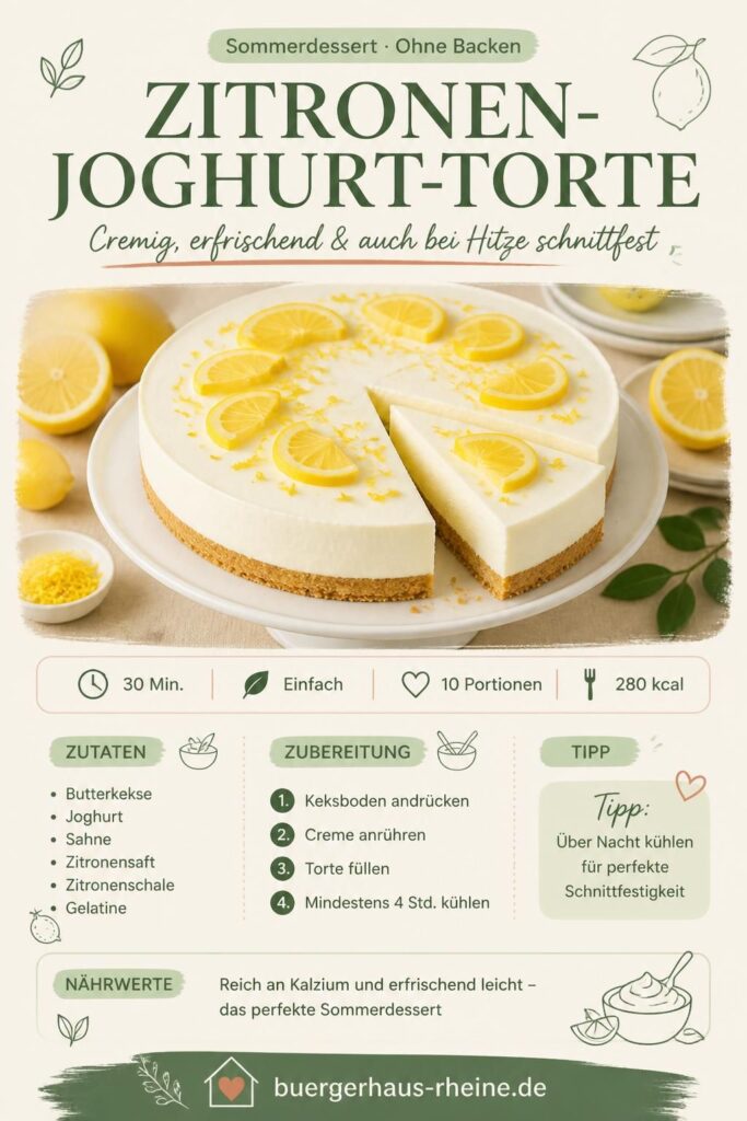 Zitronen-Joghurt-Torte ohne Backen – cremiger Anschnitt auf knusprigem Keksboden, mit Zitronenscheiben dekoriert