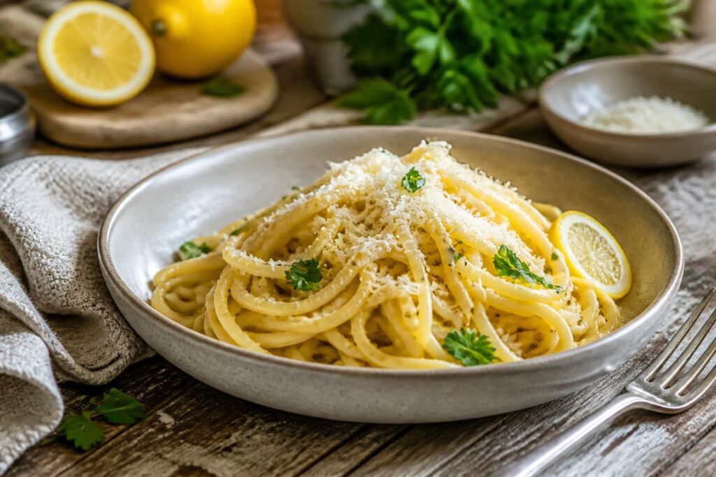 One-Pot-Zitronen-Pasta ohne Sahne in einer hellen Schüssel, garniert mit Zitronenscheiben, frischem Basilikum und geriebenem Parmesan