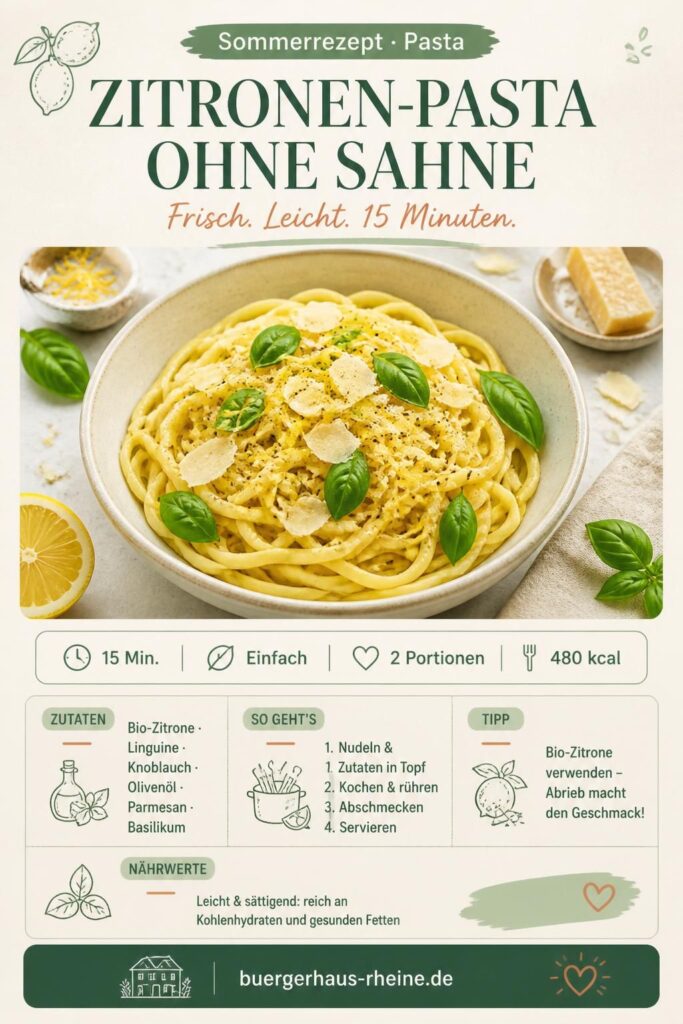 One-Pot-Zitronen-Pasta ohne Sahne auf einem hellen Teller mit Basilikum und Parmesan – Pinterest Pin