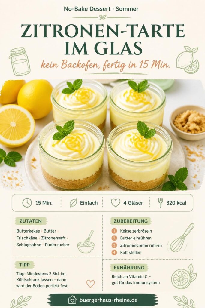 Zitronen-Tarte im Glas ohne Backen – Keksboden mit Zitronencreme in Dessertgläsern