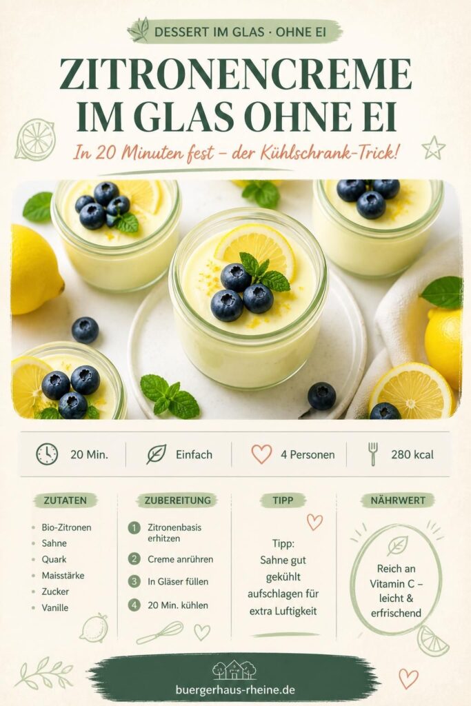 Zitronencreme im Glas ohne Ei mit frischen Beeren – Pinterest-Rezeptkarte