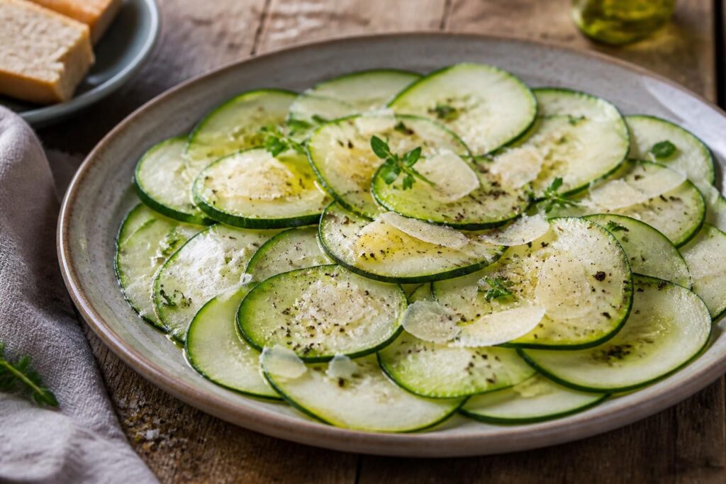 Zucchini-Carpaccio mit gehobeltem Parmesan, Pistazien und Zitronenmarinade auf einem weißen Teller, von oben fotografiert