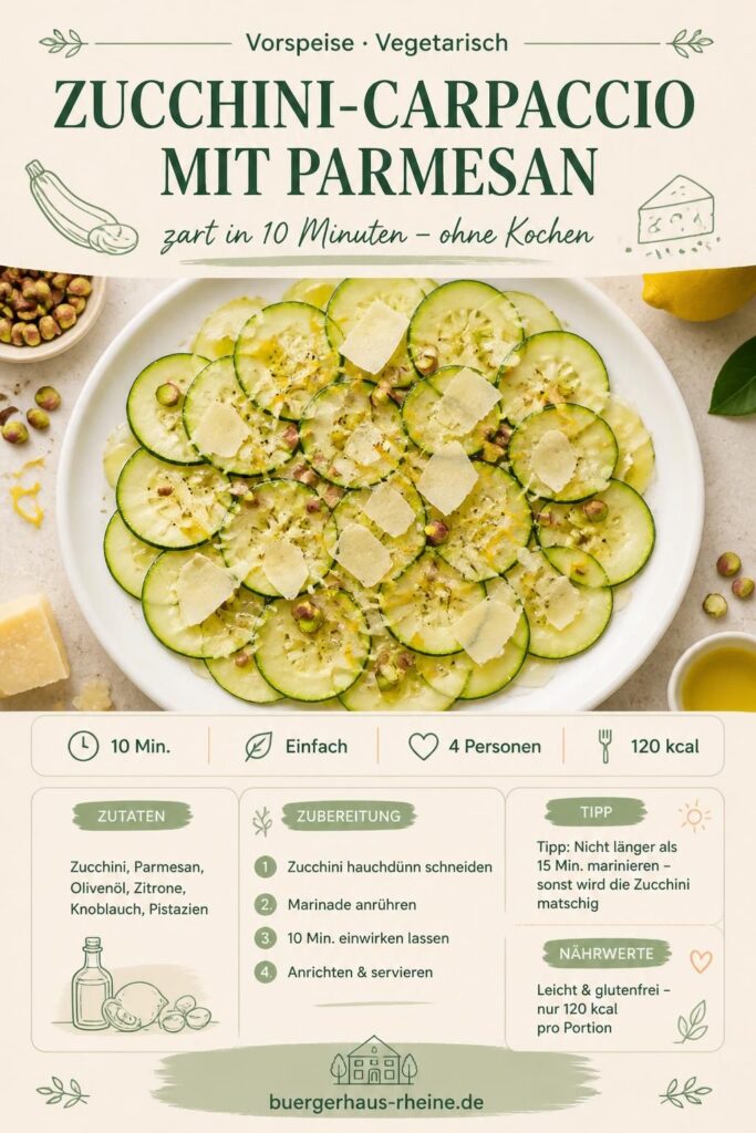 Zucchini-Carpaccio mit Parmesan, Pistazien und Zitronenmarinade – Pinterest-Rezeptkarte